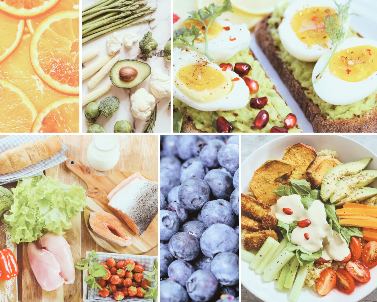 Balanced healthy foods including fruits, vegetables, eggs, and whole foods that support fitness without dieting