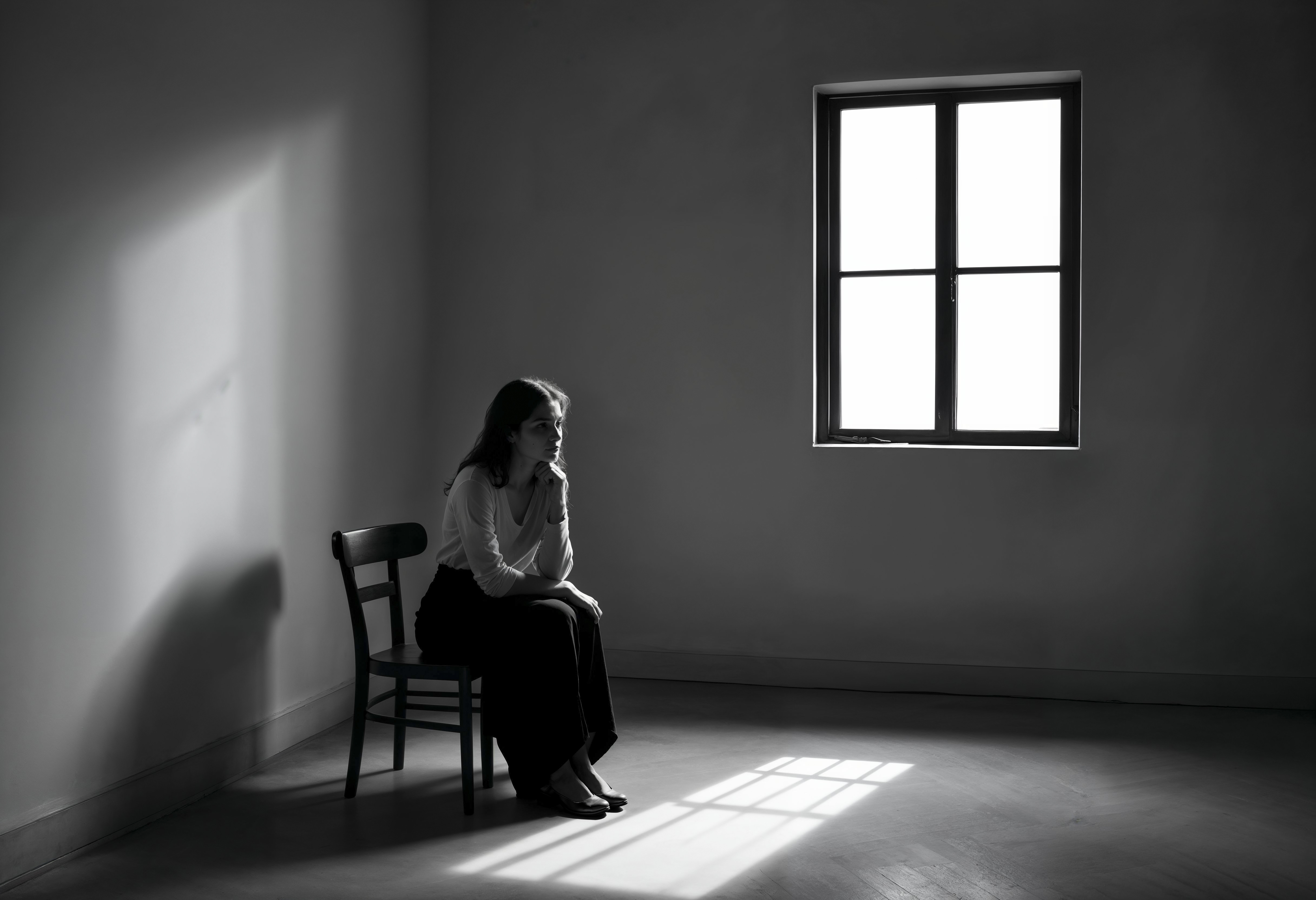 woman sitting near window thinking deeply feeling mentally stuck and unable to start tasks