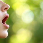 Woman's open mouth breathing, natural beauty, serene outdoors