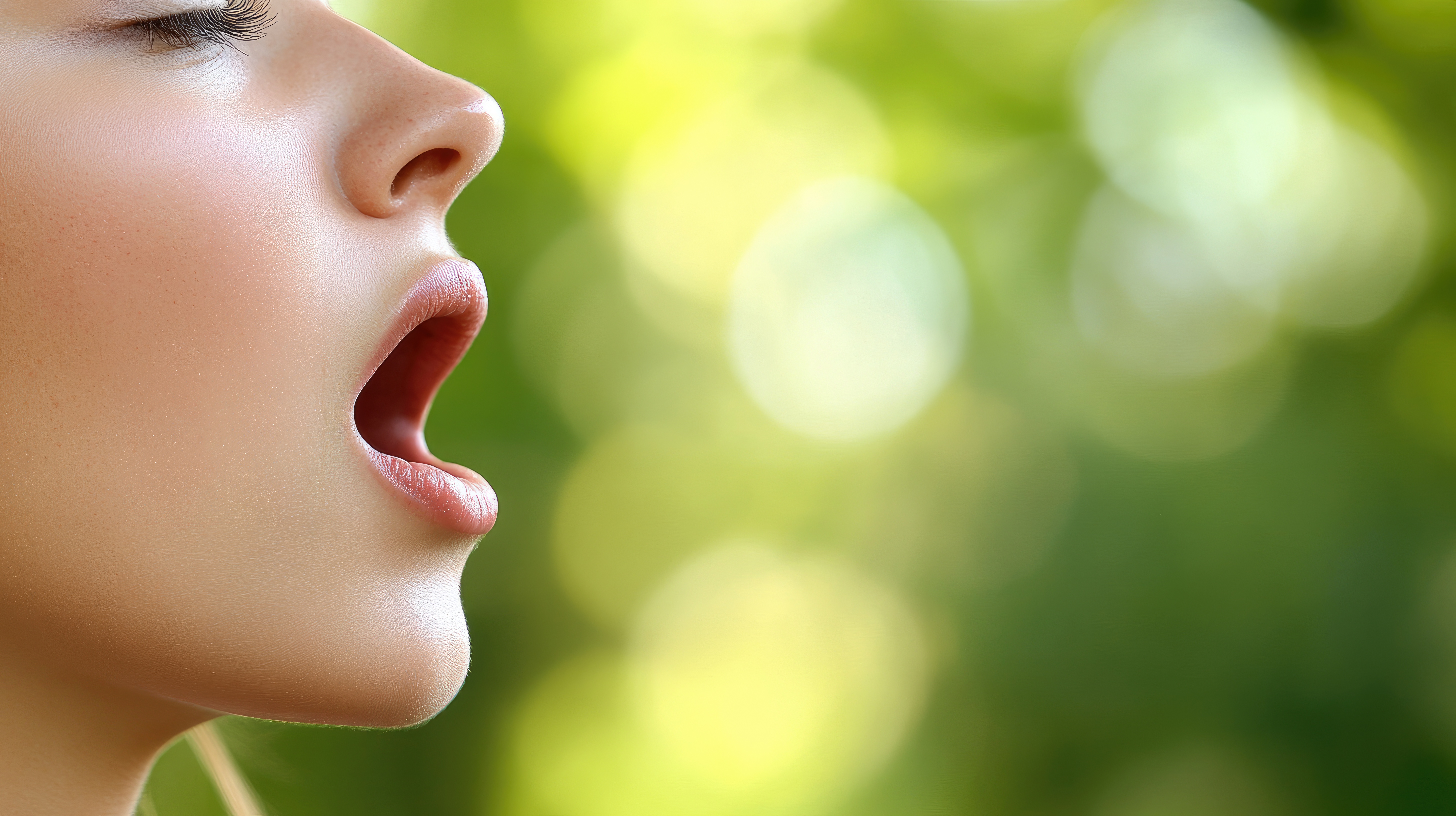Woman's open mouth breathing, natural beauty, serene outdoors